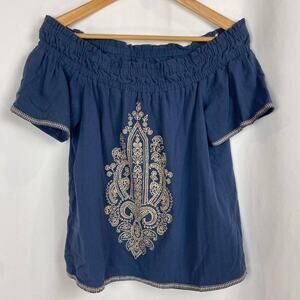Moon River Blouse Size S Blue Embroidered Ruched Off Shoulder Flutter Sleeve Top